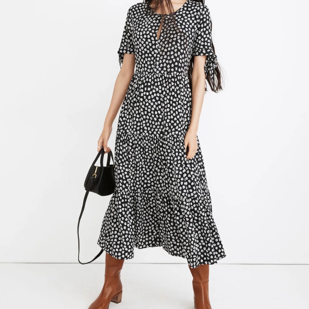 Tie-Sleeve Tiered Midi Dress in Woodcut Flowers